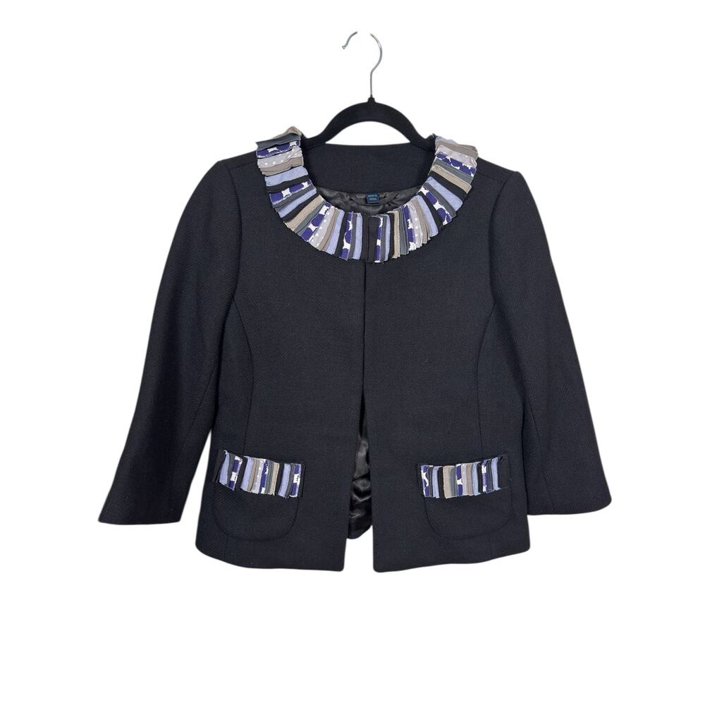 Boden Blazer Womens 6 UK10 Black Ruffle Trim Open Front Wool Blend 3/4 Sleeve